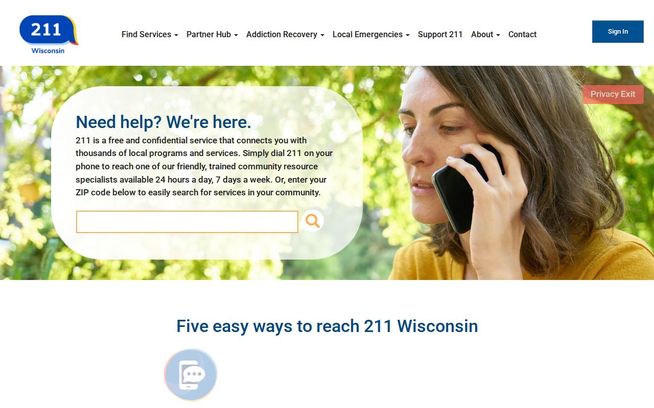 Wisconsin phone directory of community resources through the 211 Wisconsin database