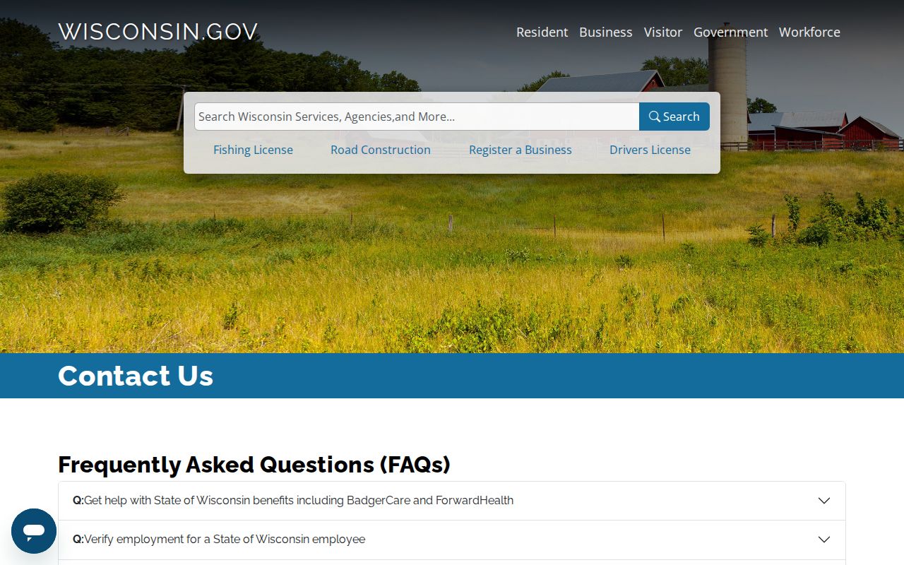 Wisconsin phone directory contact routing page for common state government services