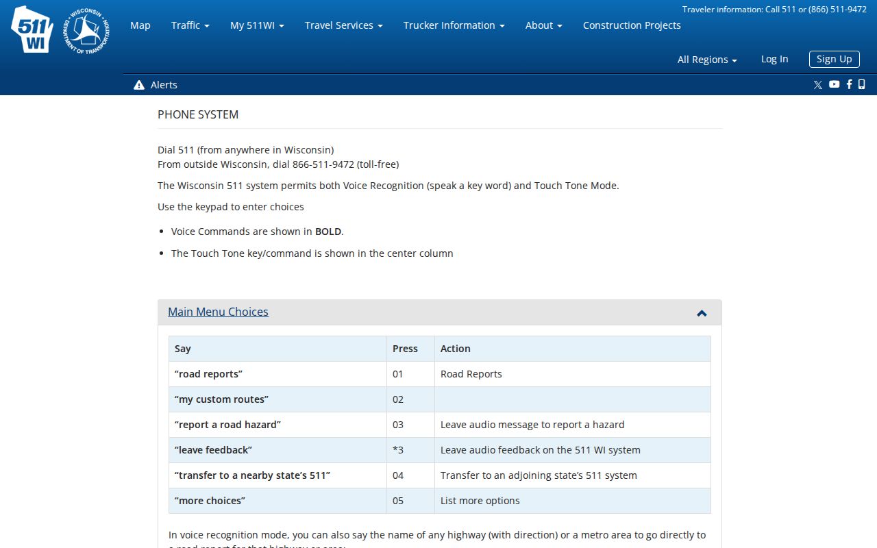 Wisconsin phone codes page for the 511 traffic information phone system