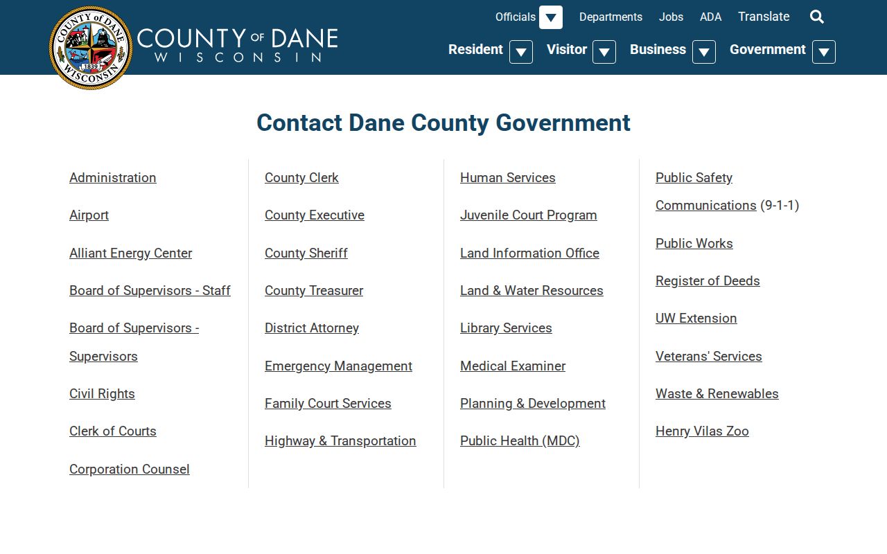 Wisconsin phone numbers organized by department on the Dane County contacts directory